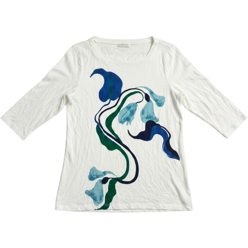 Chicos White Pima Cotton Abstract Tunic XL/3 ‎ Floral Square Neck Top Blue Green